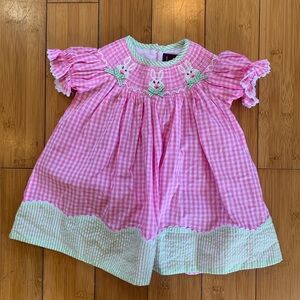 Lil Cactus Pink Gingham Easter Bunny Smocked Bishop Dress Charming Pink Green